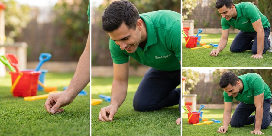 Zona de juego infantil sobre césped artificial con productos de desinfección seguros para niños