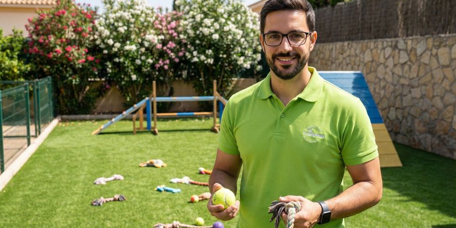 Zona dedicada para perros con césped artificial delimitada con elementos decorativos en jardín residencial